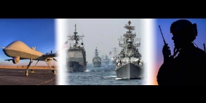 Plane on left, navy ships in middle and army personnel on right.